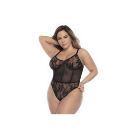 Body noir, grande taille, en résille et dentelle et laçage dans le dos 